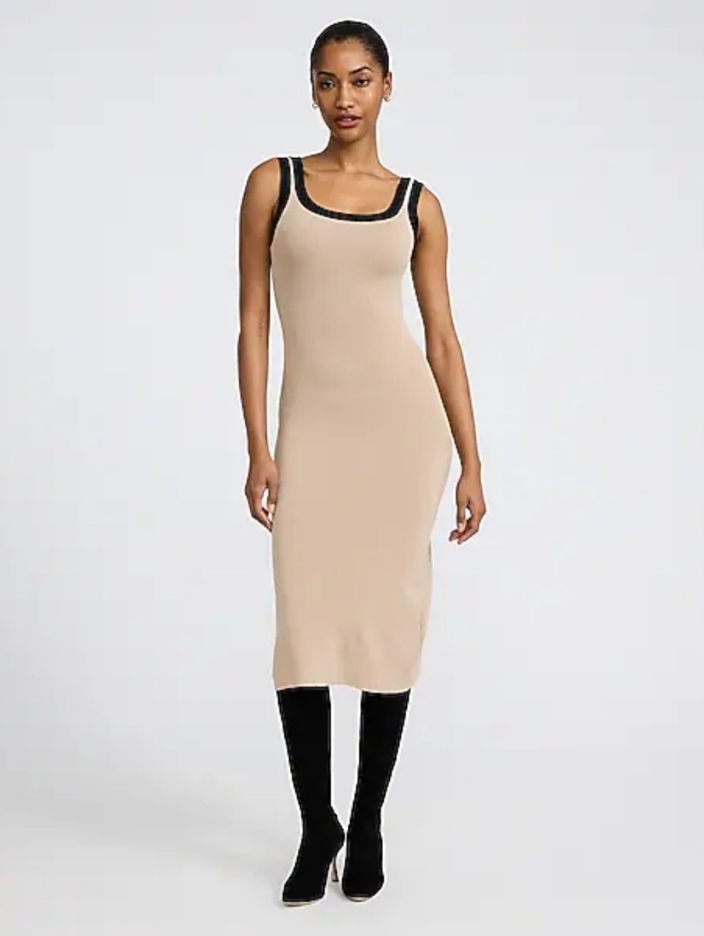 NWT - Express Tipped Scoop Neck Sleeveless Tan Midi Sweater Dress - Size S